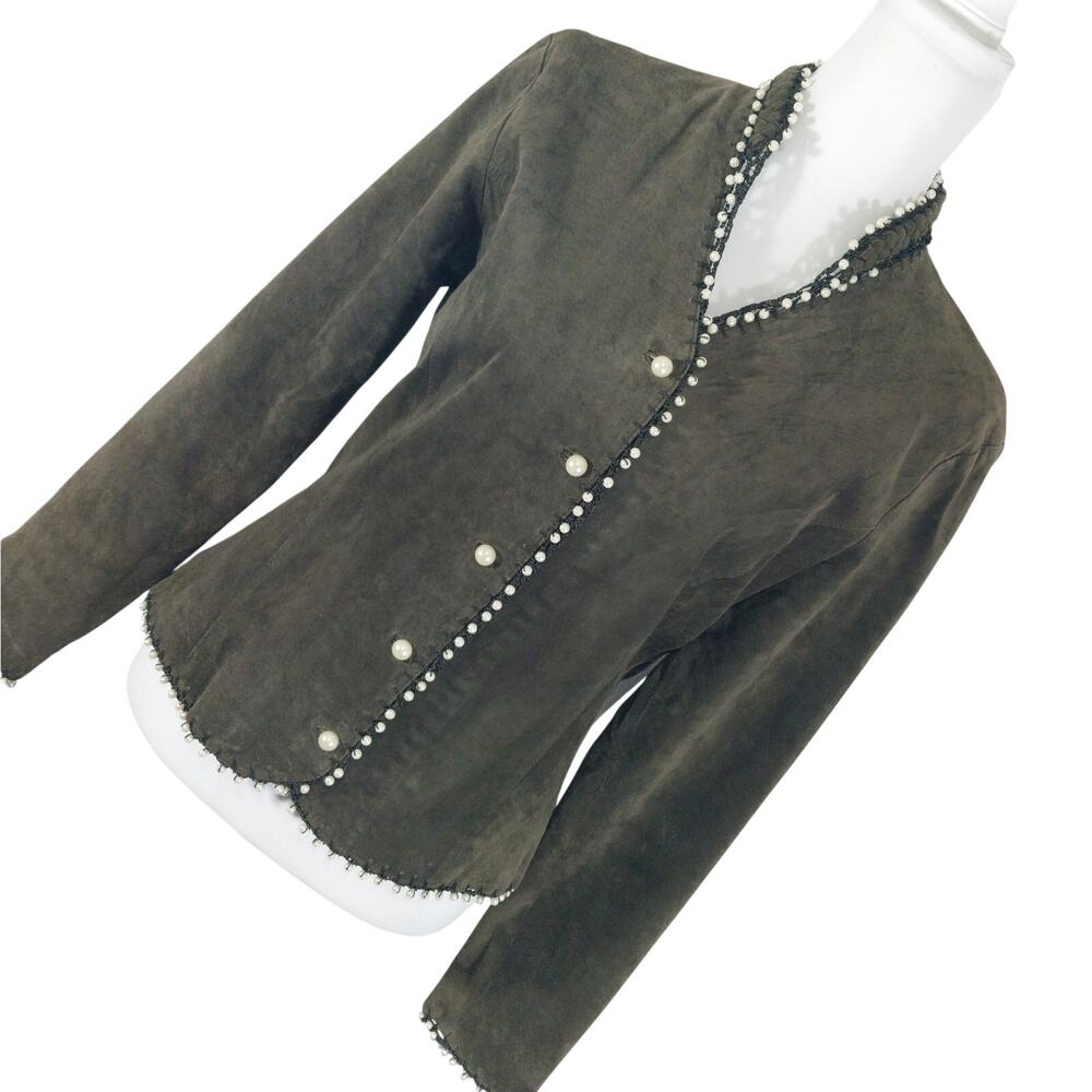 SOPHIE CHANG! STUNNING GRAY PEARL EMBELLISHED GENUINE SUEDE LEATHER JACKET!SZ 10